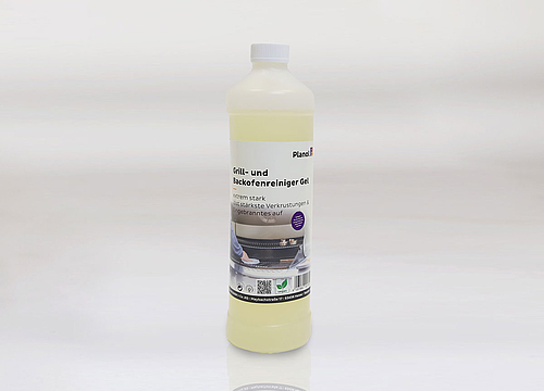 Flasche mit gelbem Reinigungsmittel und Etikett des Grill- und Backofenreinigers vor grauem Hintergrund